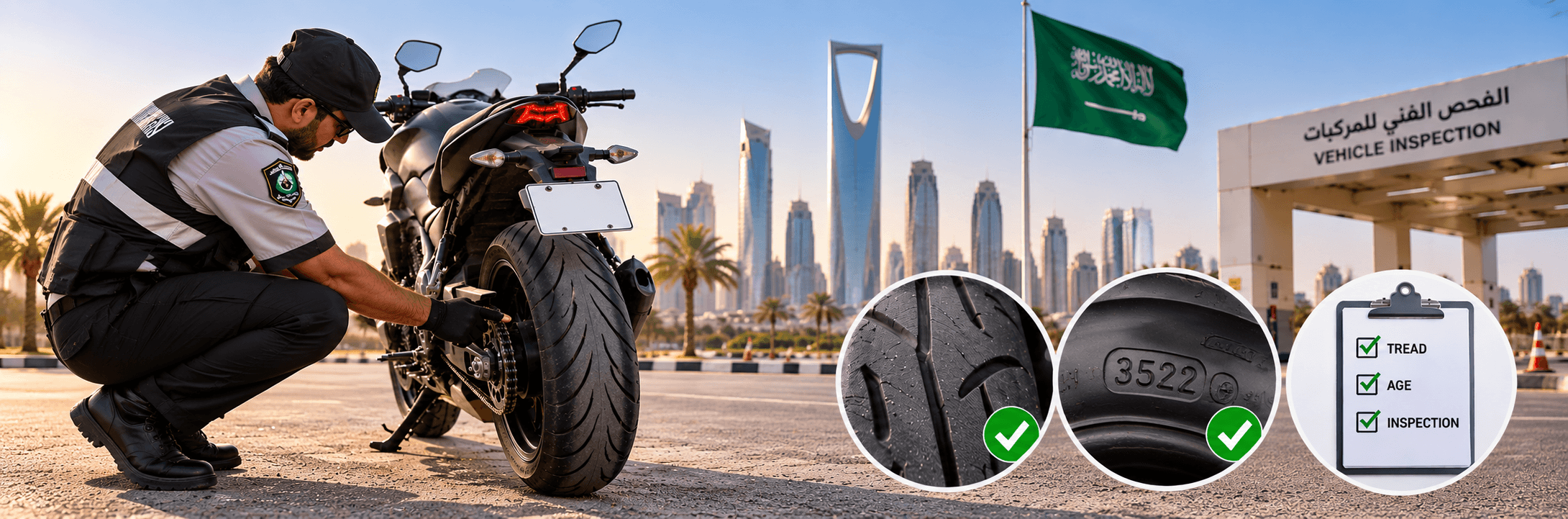 قواعد إطارات الدراجات النارية في المملكة العربية السعودية: النمط، والعمر، والفحص